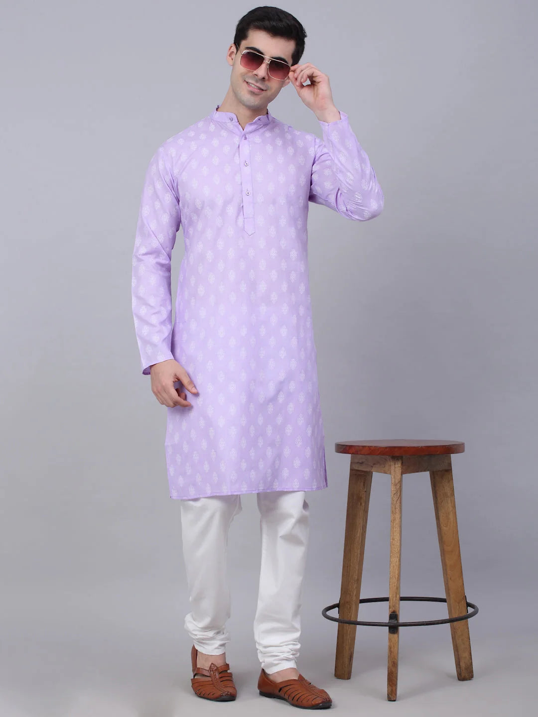 Men's Cotton Floral printed kurta Pyjama Set ( JOKP 650Purple )-JOKP-650