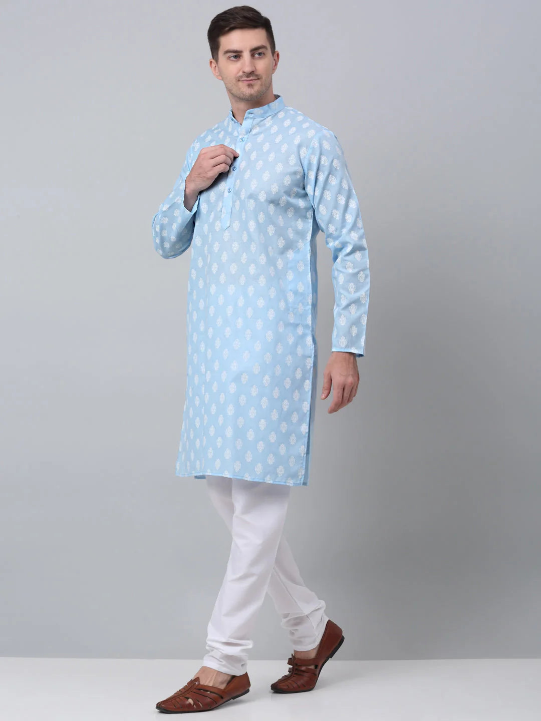 Sky Blue Cotton Floral Kurta Pajama Set for Men | Kurta Pajama