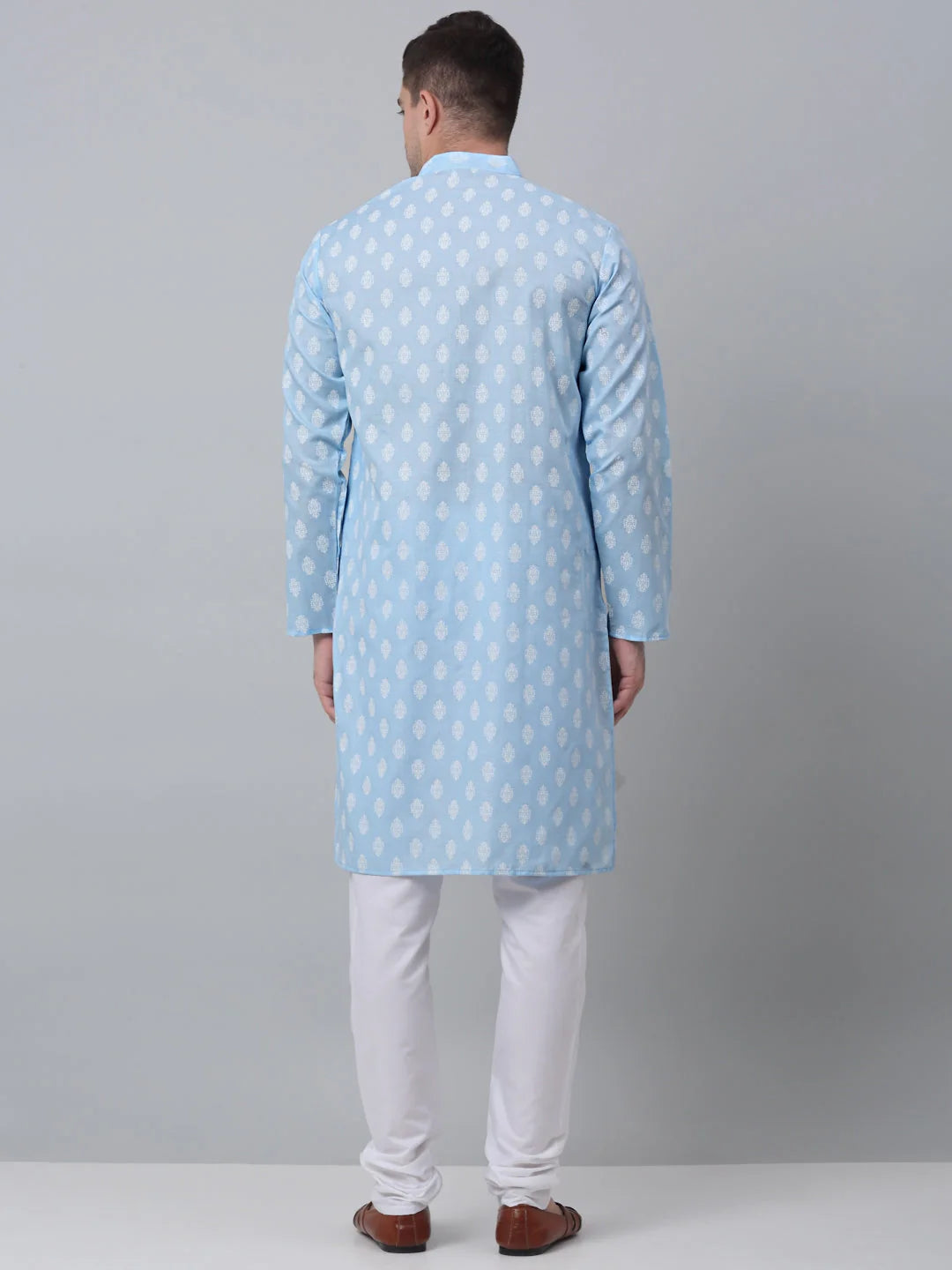Sky Blue Cotton Floral Kurta Pajama Set for Men | Kurta Pajama