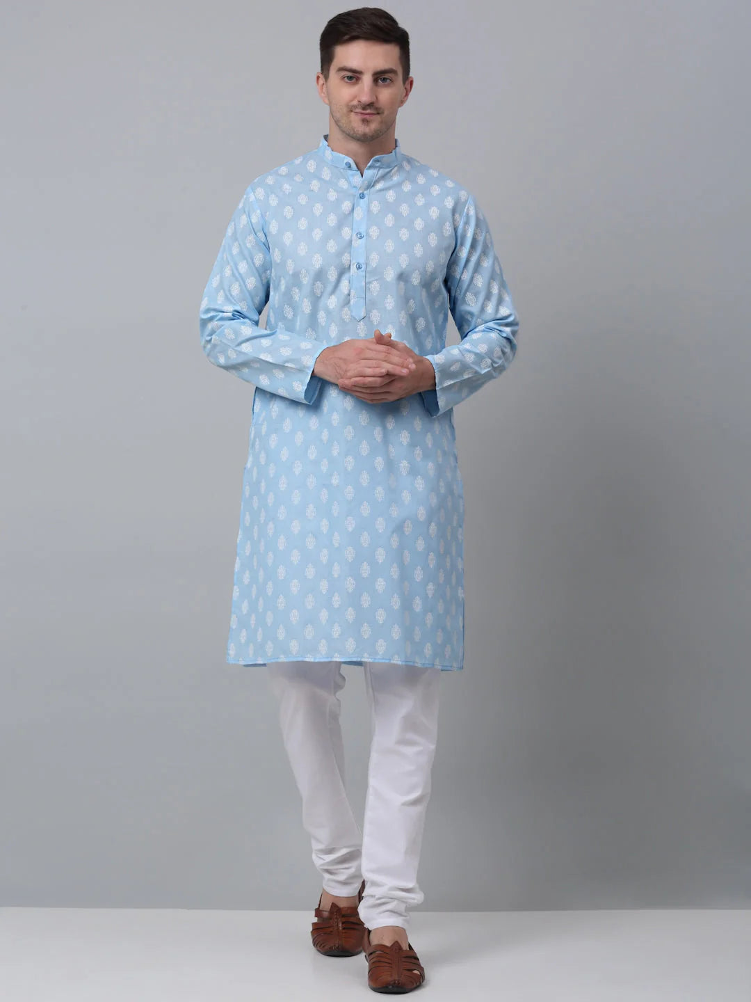 Sky Blue Cotton Floral Kurta Pajama Set for Men | Kurta Pajama