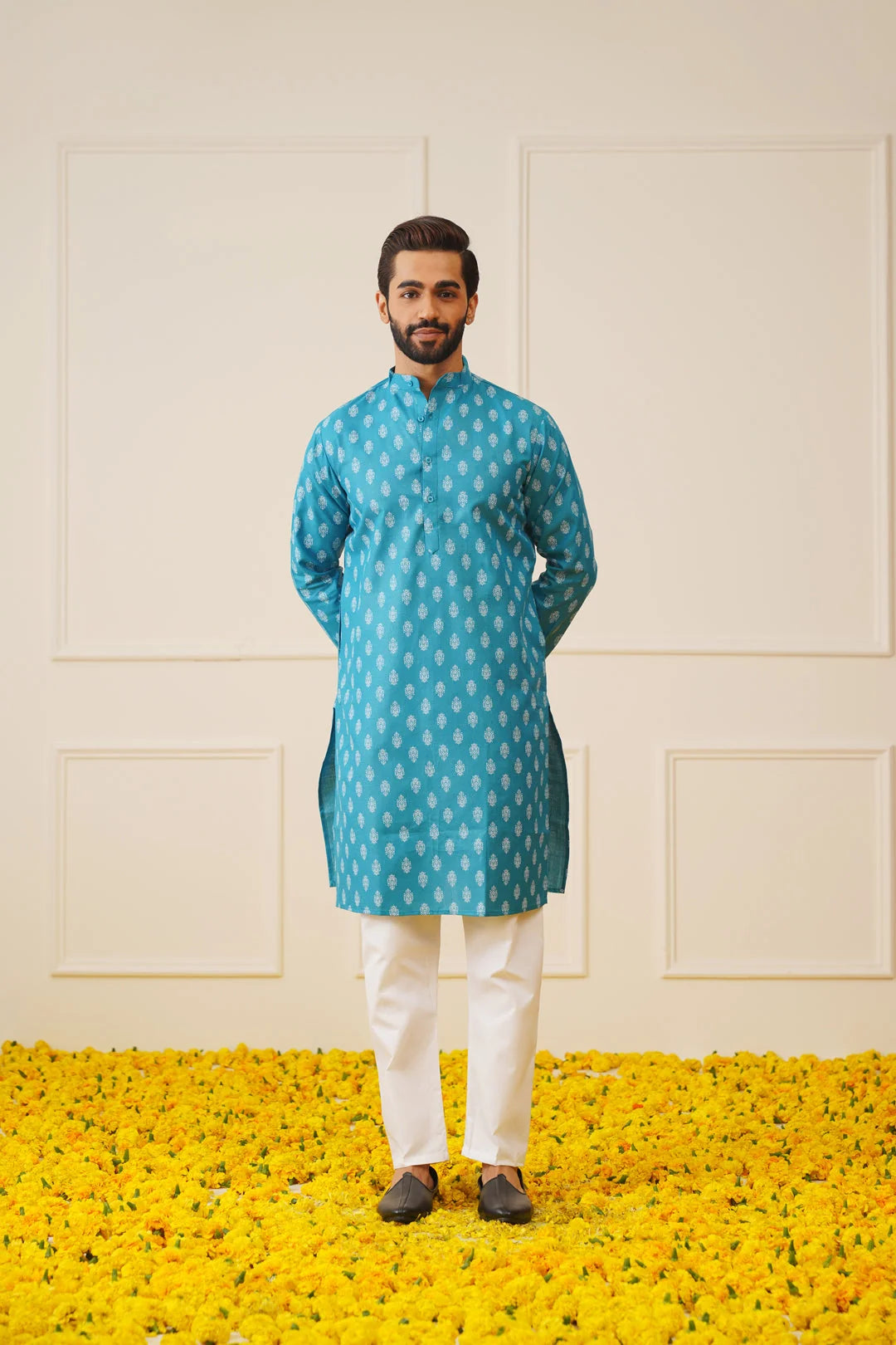 Teal Floral Print Men's Kurta | Indian Kurta for Men