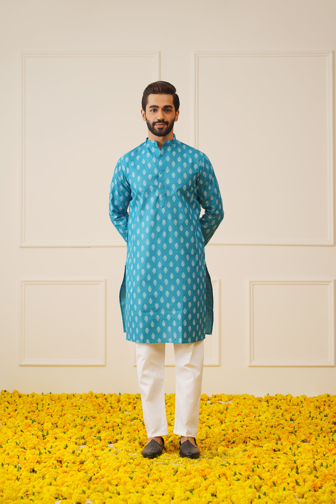 Men's Teal Cotton Floral printed kurta Only