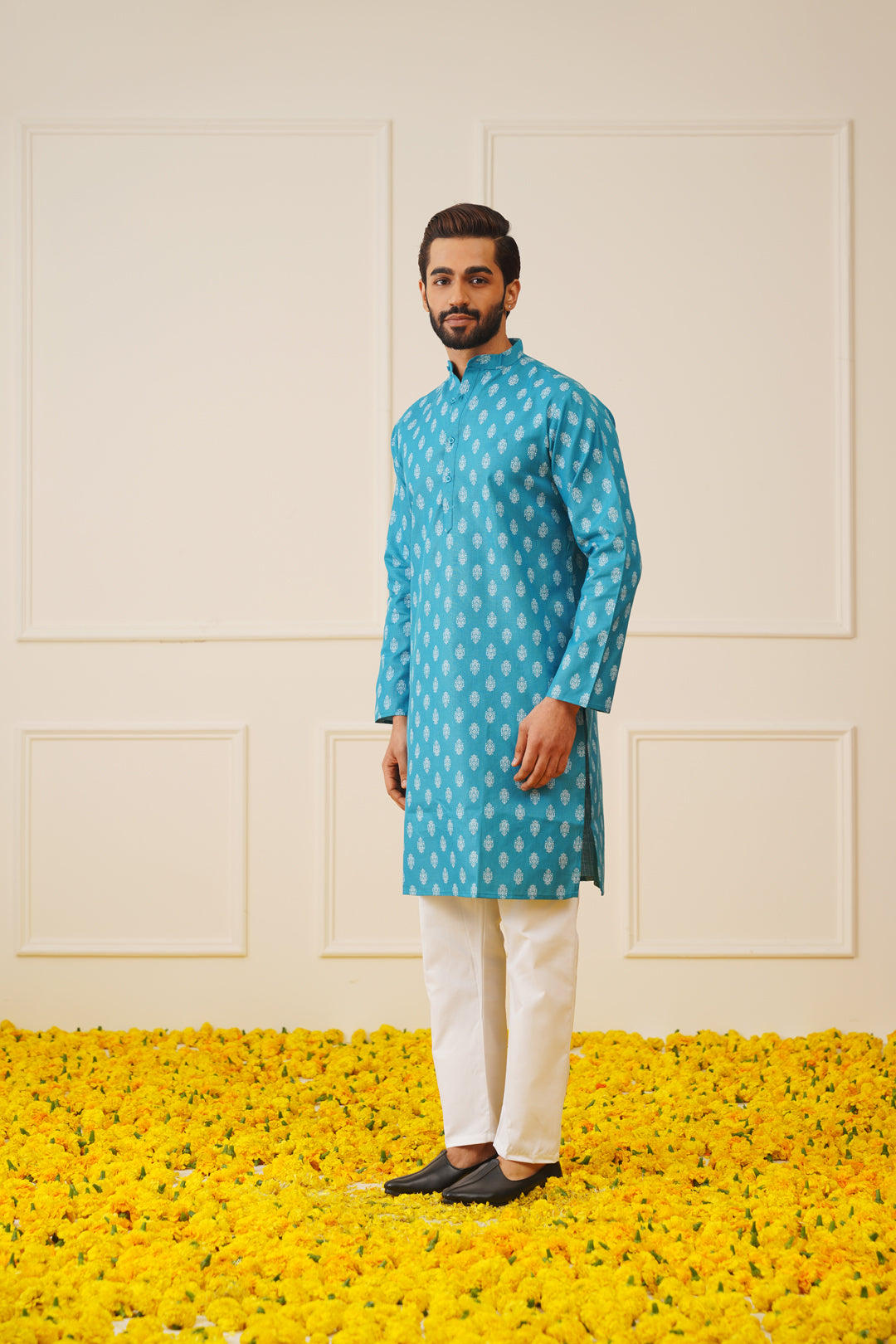 Teal Floral Print Men's Kurta | Indian Kurta for Men