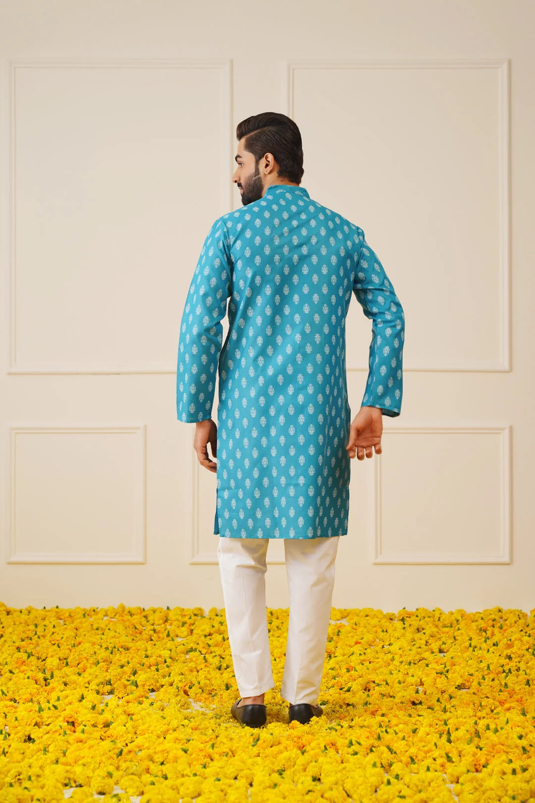 Teal Floral Print Men's Kurta | Indian Kurta for Men