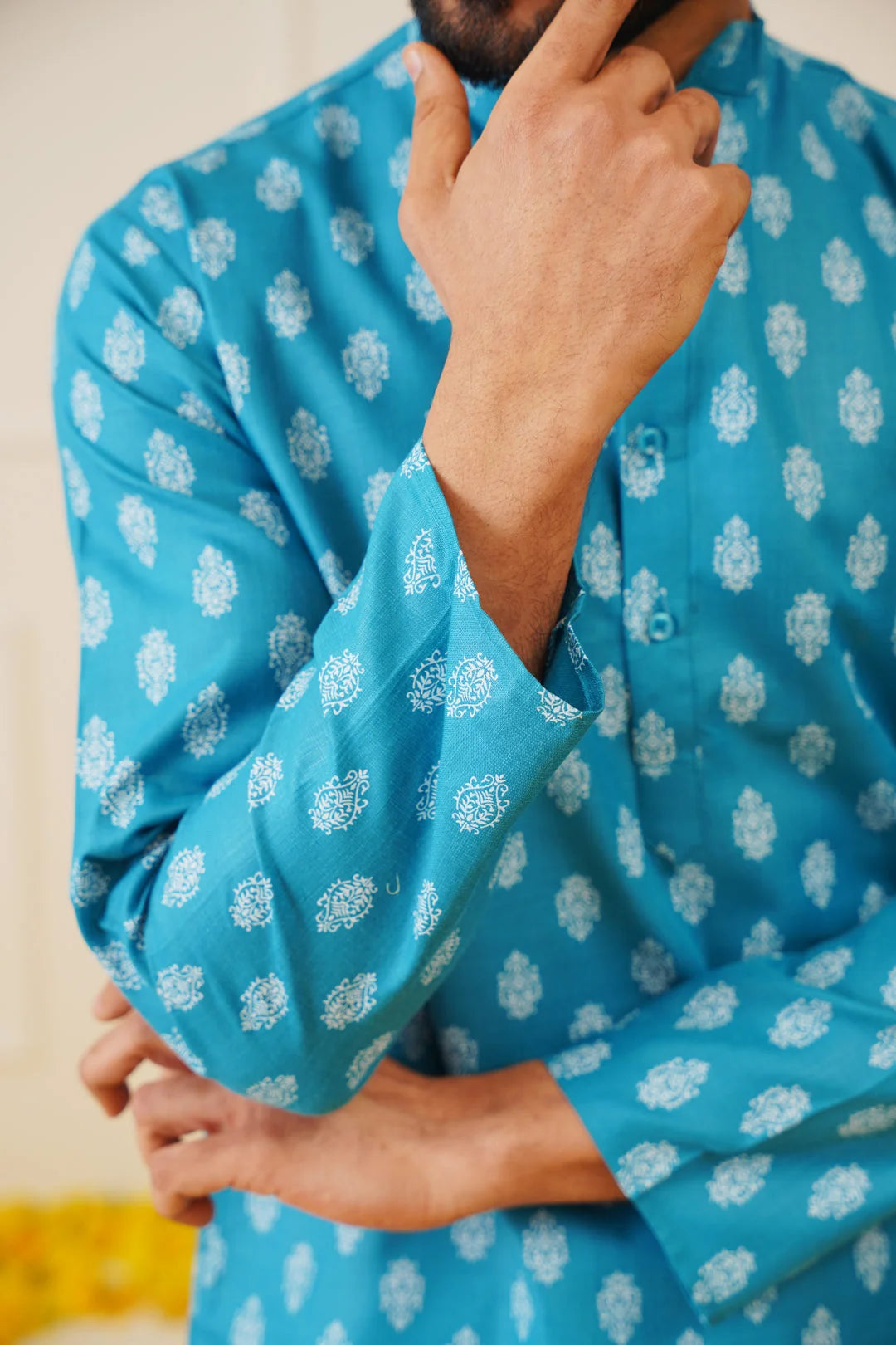 Teal Floral Print Men's Kurta | Indian Kurta for Men