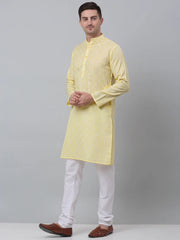 Men's Yellow Cotton Floral printed kurta Pyjama Set