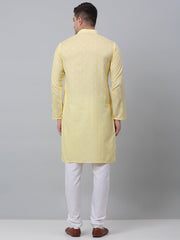 Men's Yellow Cotton Floral printed kurta Pyjama Set