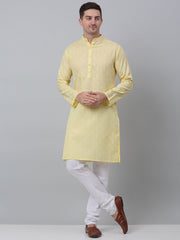 Men's Yellow Cotton Floral printed kurta Pyjama Set