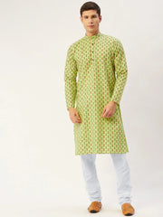 Men's Green Cotton Ikat printed kurta Only