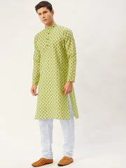 Men's Green Cotton Ikat printed kurta Only
