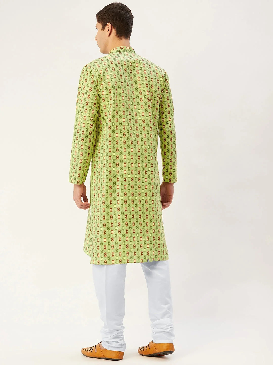 Green Cotton Ikat Printed Mens Kurta Pajama Set - Shop Now