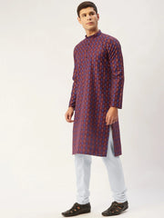 Men's Maroon Cotton Ikat printed kurta Only