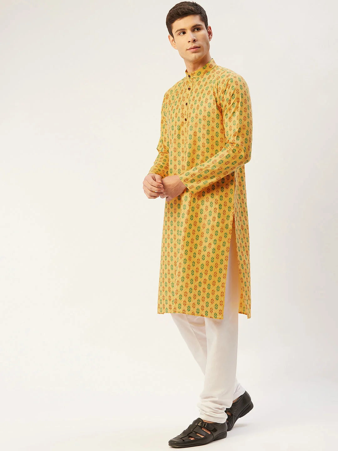 Mustard Cotton Ikat Printed Men's Kurta - Indian Style