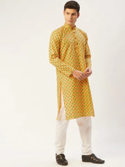 Men's Mustard Cotton Ikat printed kurta Only