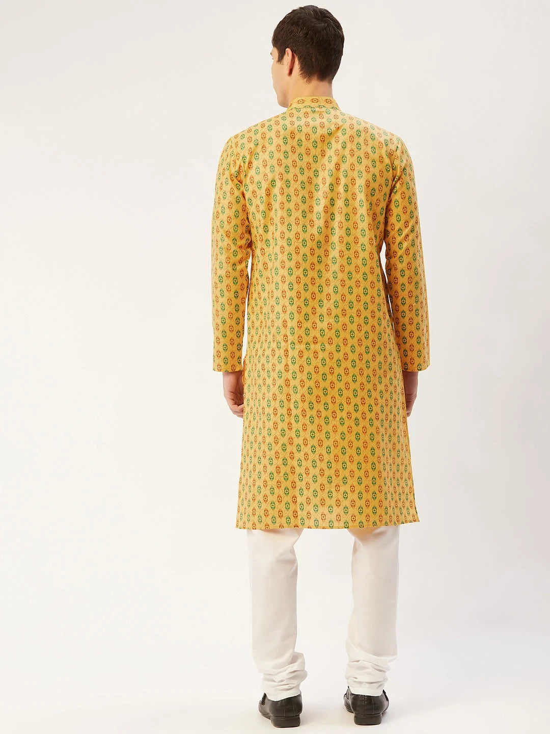 Mustard Cotton Ikat Printed Mens Kurta Pajama Set Online