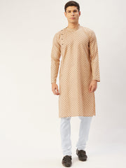 Men's Beige Cotton printed kurta Pyjama Set
