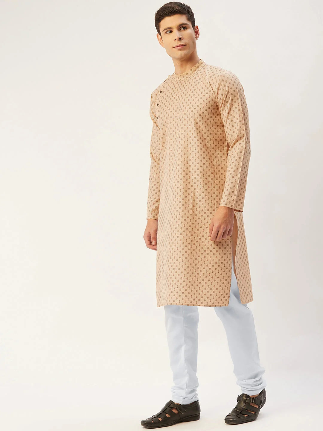 Men's Beige Cotton Printed Kurta Pajama Set | Kurta Pajama
