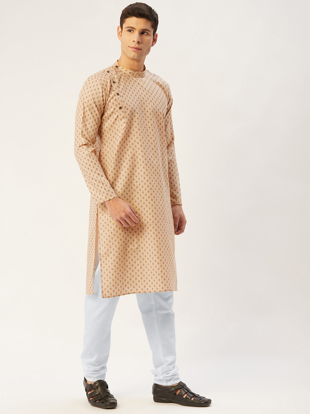 Men's Beige Cotton Printed Kurta Pajama Set | Kurta Pajama