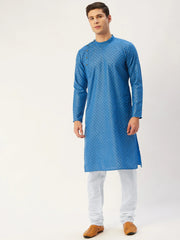 Men's Ocean Blue Cotton printed kurta Only