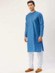 Men's Ocean Blue Cotton printed kurta Only