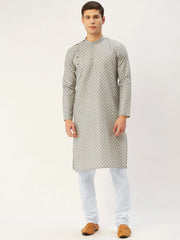 Men's Grey Cotton printed kurta Only