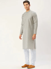 Men's Grey Cotton printed kurta Pyjama Set