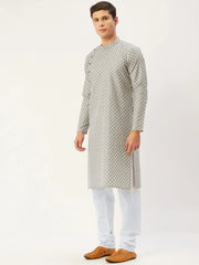 Men's Grey Cotton printed kurta Only