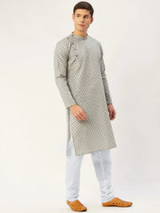 Men's Grey Cotton printed kurta Only