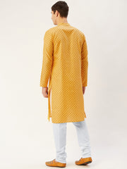 Men's Mustard Cotton printed kurta Pyjama Set