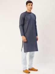 Men's Navy Cotton printed kurta Only