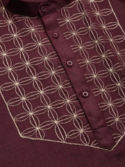 Men's Maroon Cotton Embroidered Kurta Pyjama
