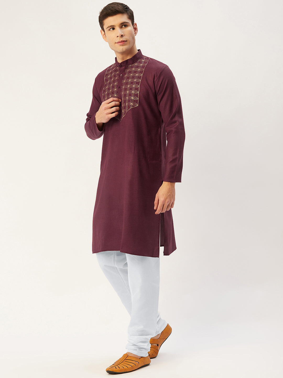 Men's Maroon Cotton Embroidered Kurta Pyjama | Kurta Pajama