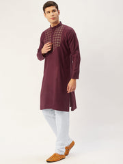 Men's Maroon Cotton Embroidered Kurta Pyjama