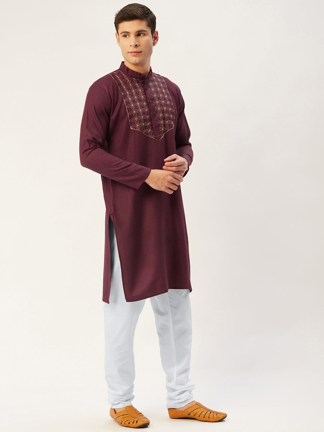 Men's Maroon Cotton Embroidered Kurta Pyjama | Kurta Pajama