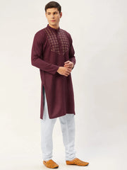 Men's Maroon Cotton Embroidered Kurta Only