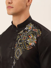 Men's Cotton Embroidered Kurta Pajama Sets ( JOKP 655 Black )