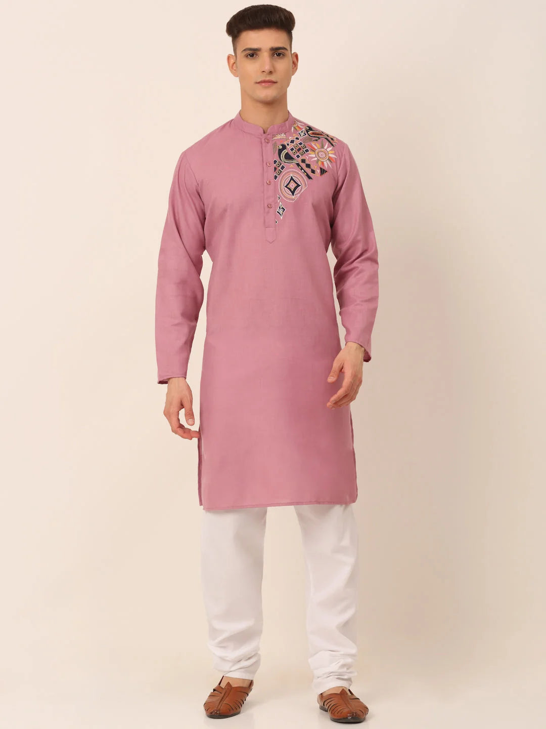 Men's Magenta Embroidered Kurta Pajama Set | Cotton Kurta
