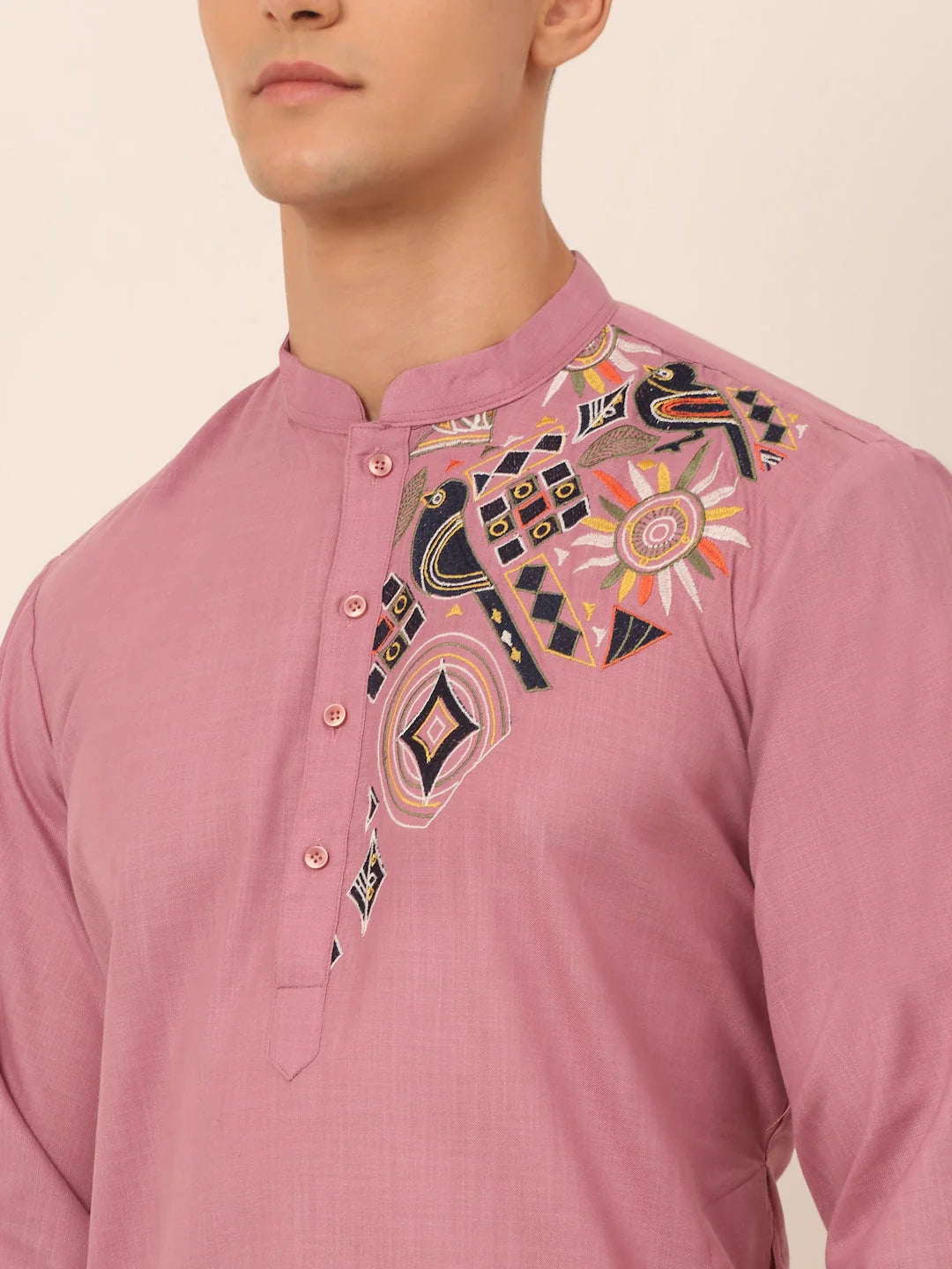 Men's Magenta Embroidered Kurta Pajama Set | Cotton Kurta
