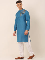Men's Cotton Embroidered Kurta Pajama Sets ( JOKP 655Peacock )-JOKP-655