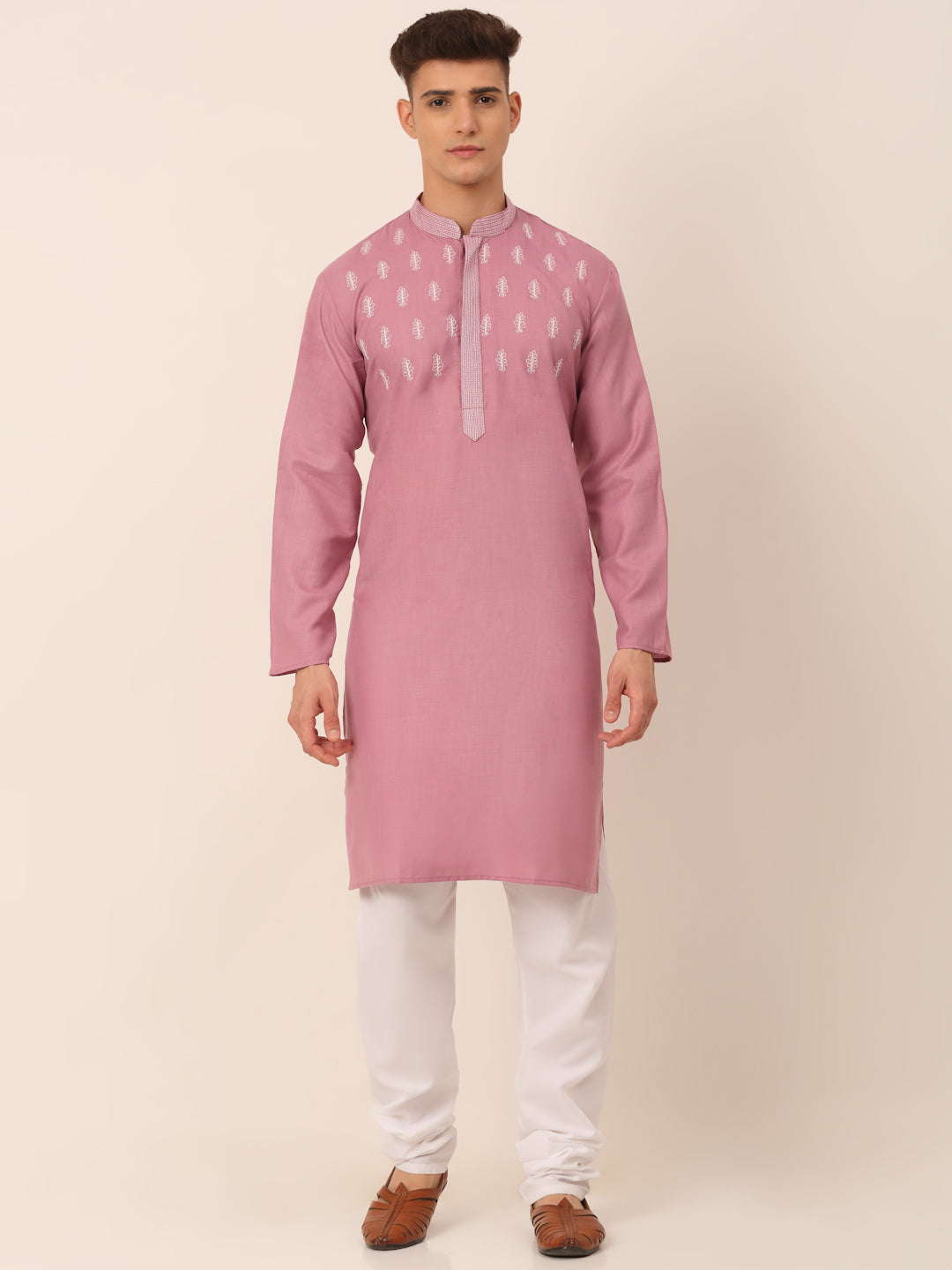 Magenta Pink Embroidered Mens Kurta Pajama Set | Cotton
