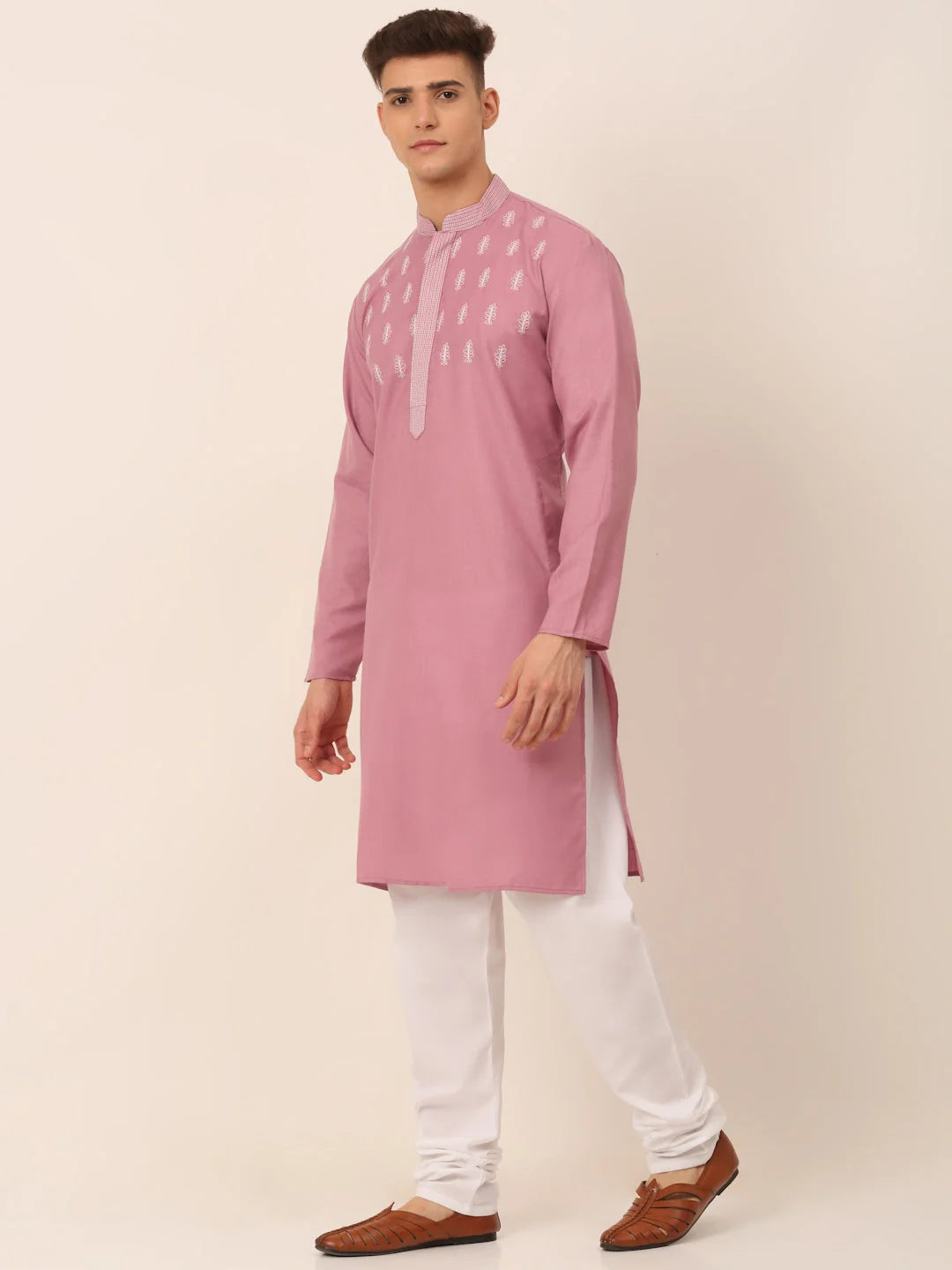 Magenta Pink Embroidered Mens Kurta Pajama Set | Cotton
