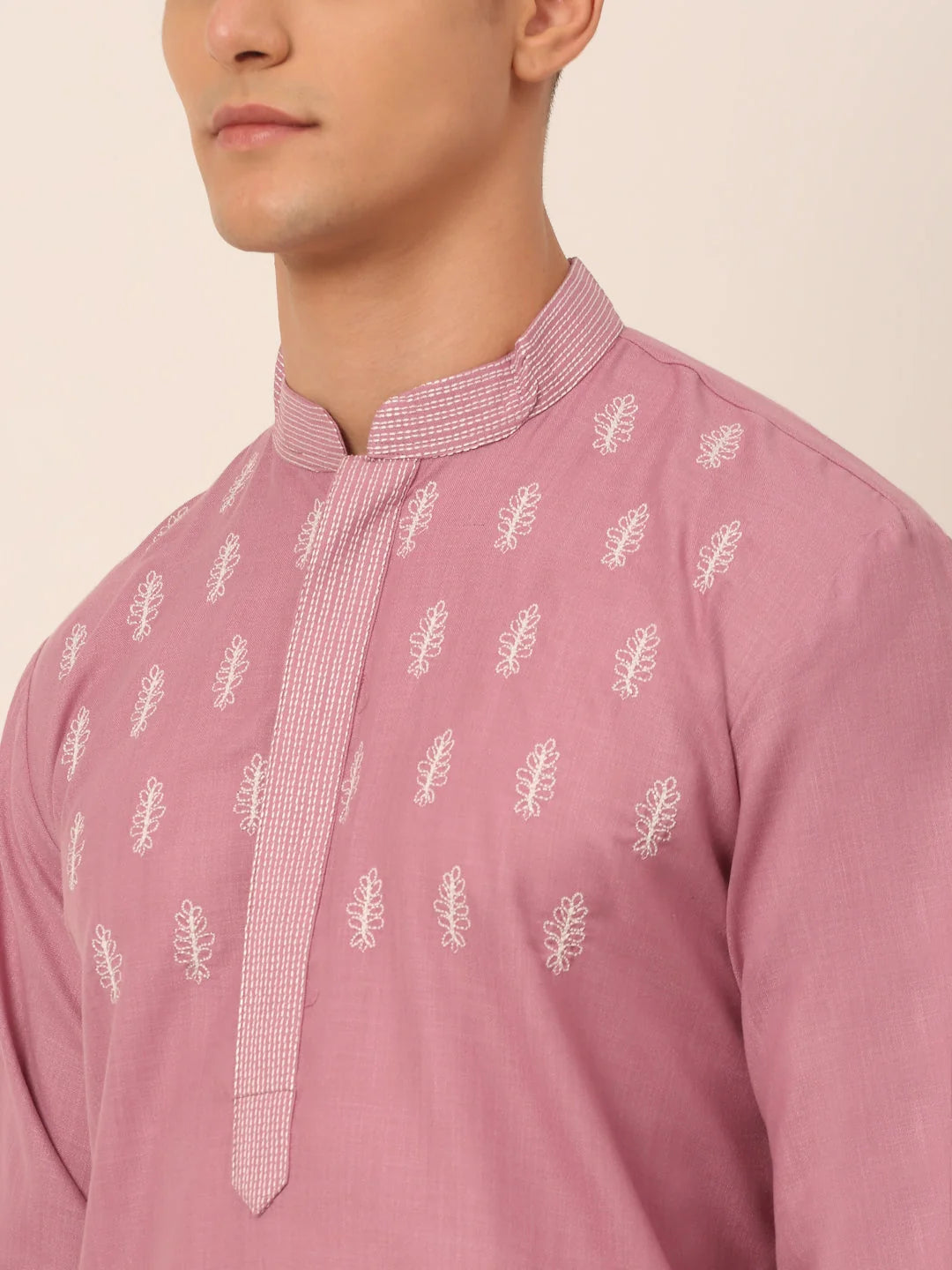 Magenta Pink Embroidered Mens Kurta Pajama Set | Cotton
