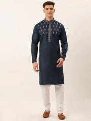 Men's Cotton Embroidered Kurta Pajama Sets ( JOKP 656 Navy )