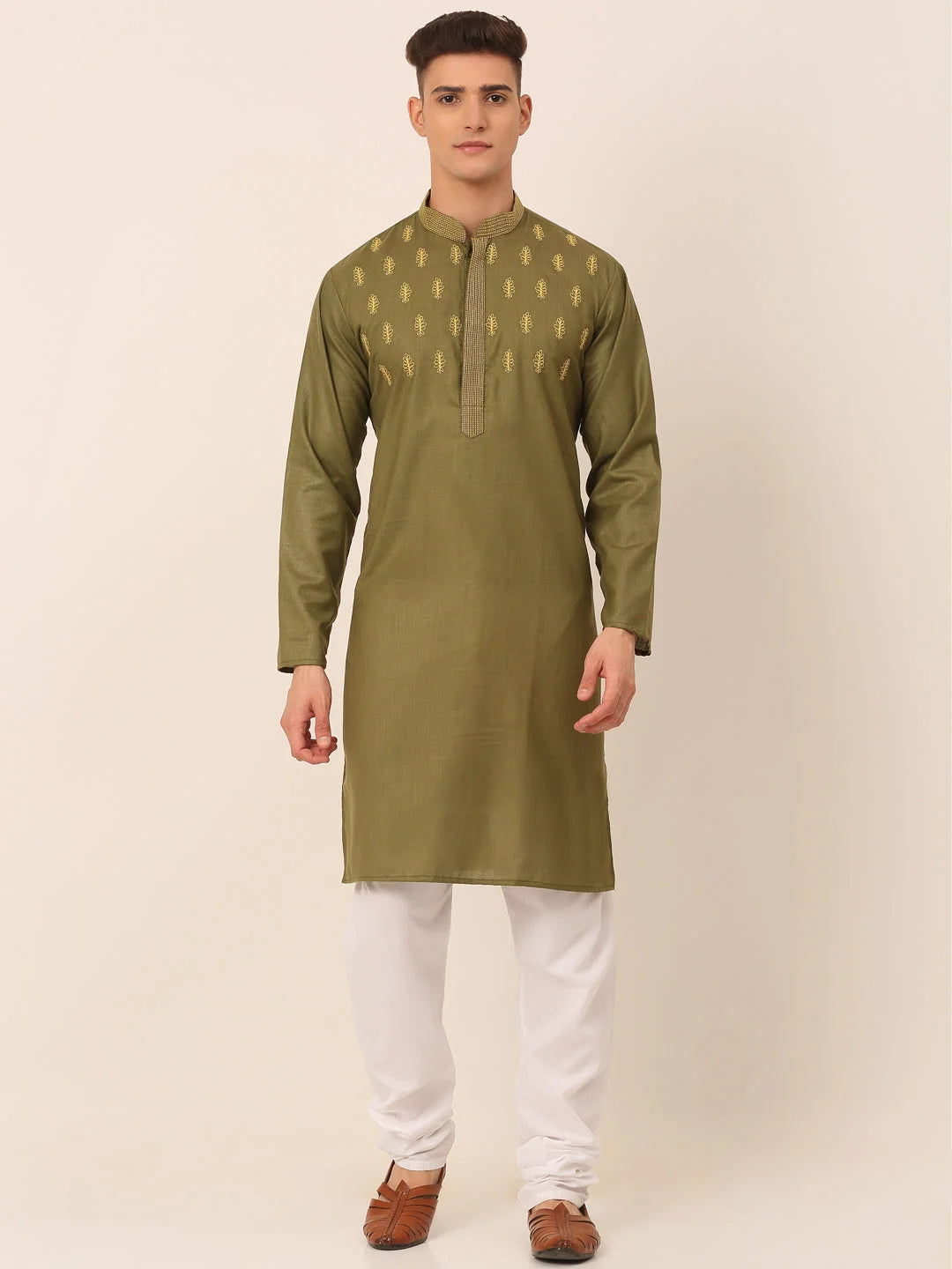 Olive Green Embroidered Mens Kurta Pajama Set - Cotton