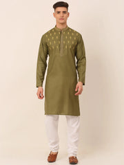 Men's Olive Green Embroidered Kurta Pajama Sets ( JOKP 656Olive )-JOKP-656