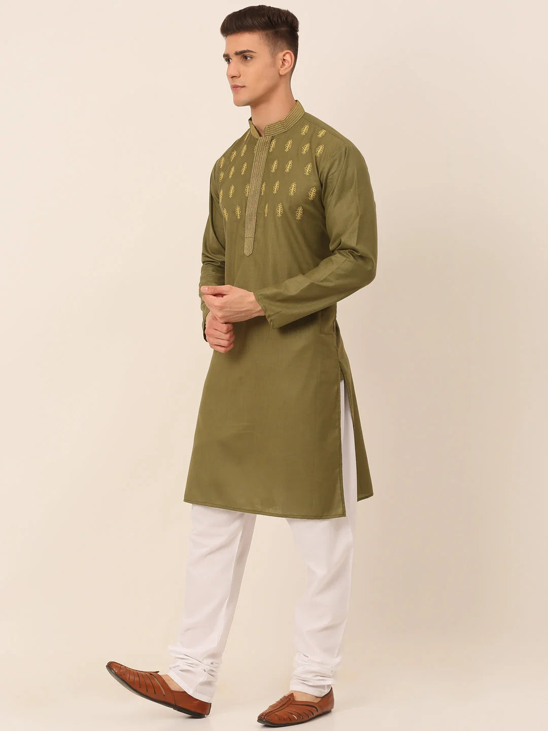 Olive Green Embroidered Mens Kurta Pajama Set - Cotton