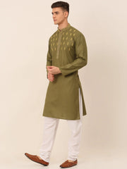Men's Olive Green Embroidered Kurta Pajama Sets ( JOKP 656Olive )-JOKP-656