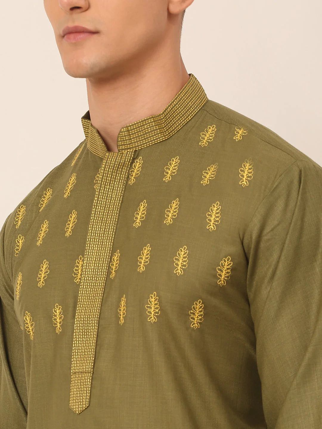 Olive Green Embroidered Mens Kurta Pajama Set - Cotton