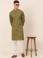 Men's Olive Green Embroidered Kurta Pajama Sets ( JOKP 656Olive )-JOKP-656
