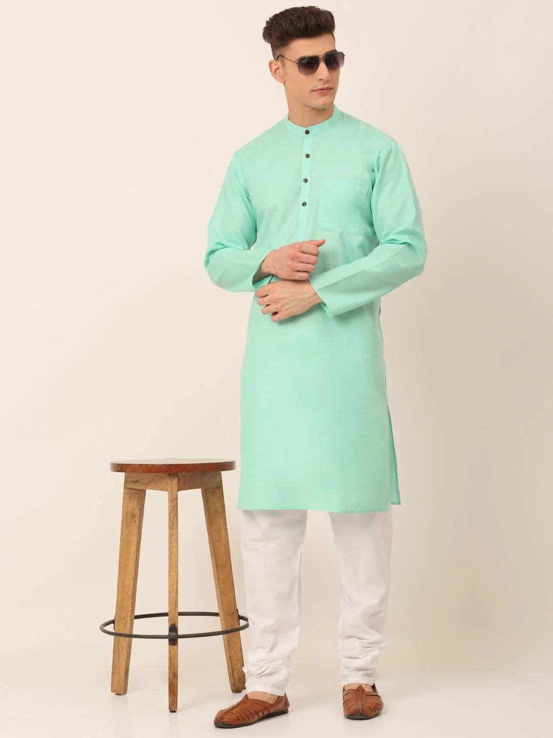 Men's Cotton Solid Kurta Pajama Sets ( JOKP 657Green )-JOKP-657